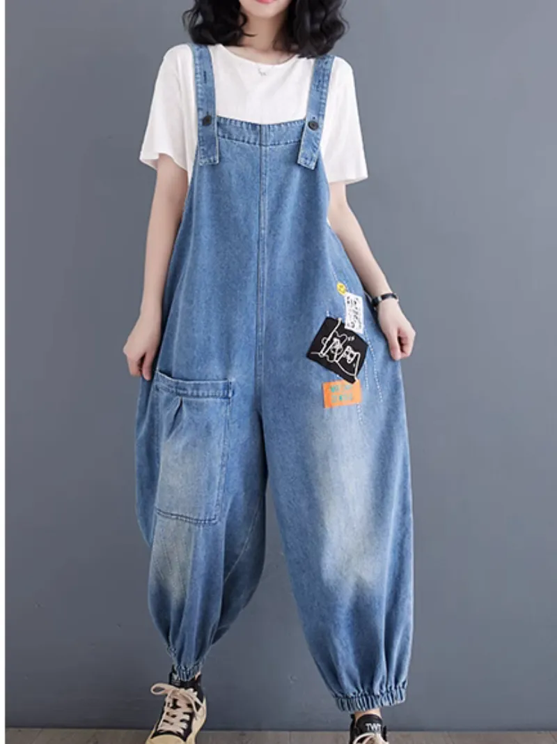 Women's Summer Plus Size Baggy Wide Leg Patch Dungarees