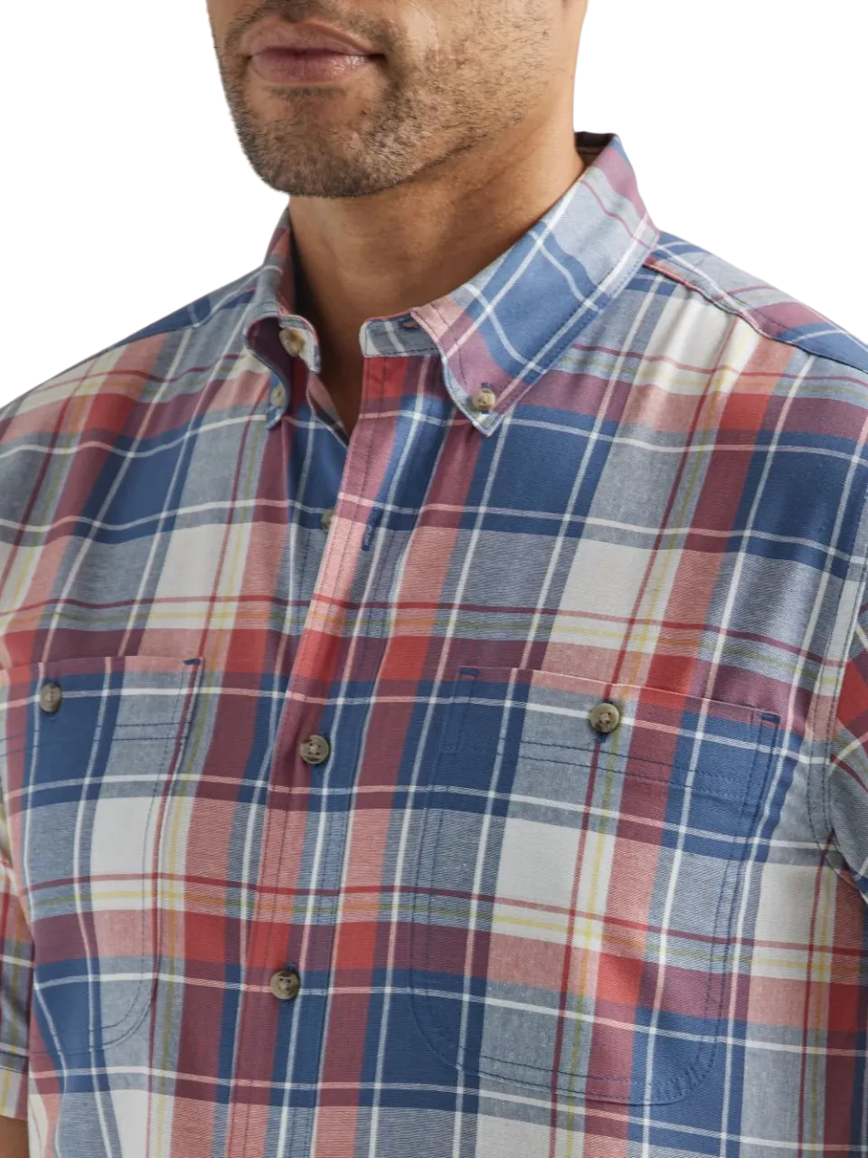 Wrangler Men's Rugged Wear Plaid Button Down Red & Blue Shirt