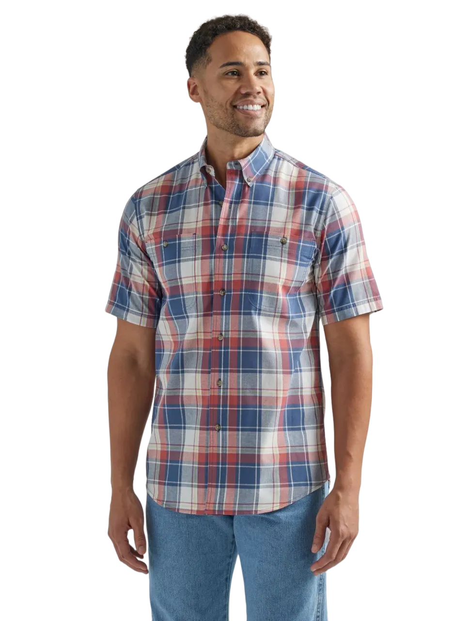 Wrangler Men's Rugged Wear Plaid Button Down Red & Blue Shirt