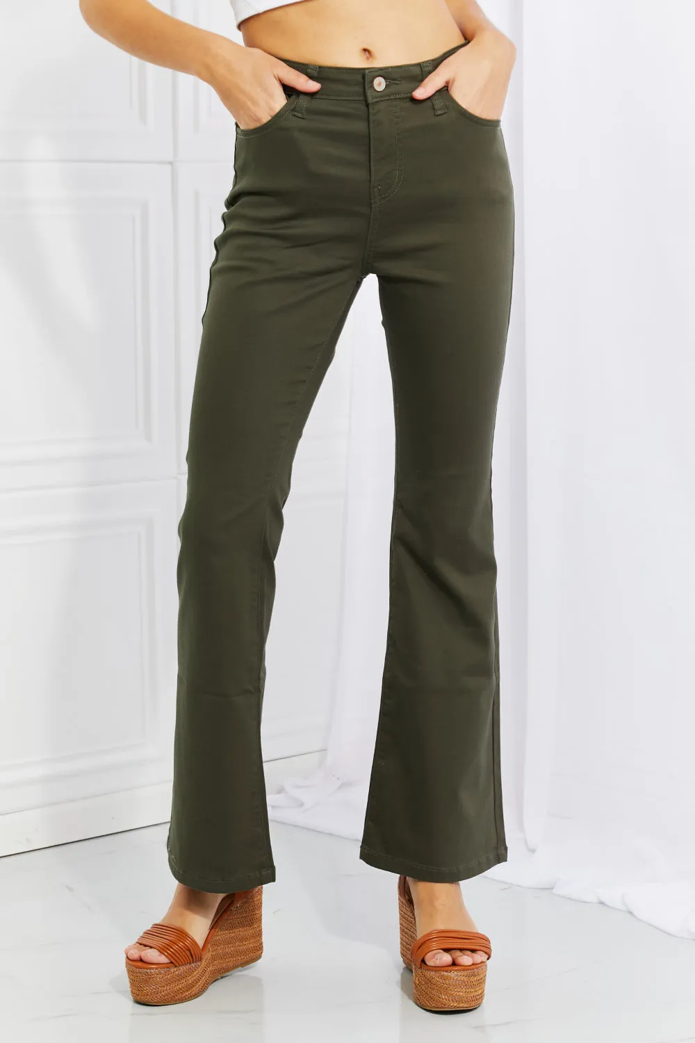 Zenana Clementine Full Size High-Rise Bootcut Jeans in Dark Olive