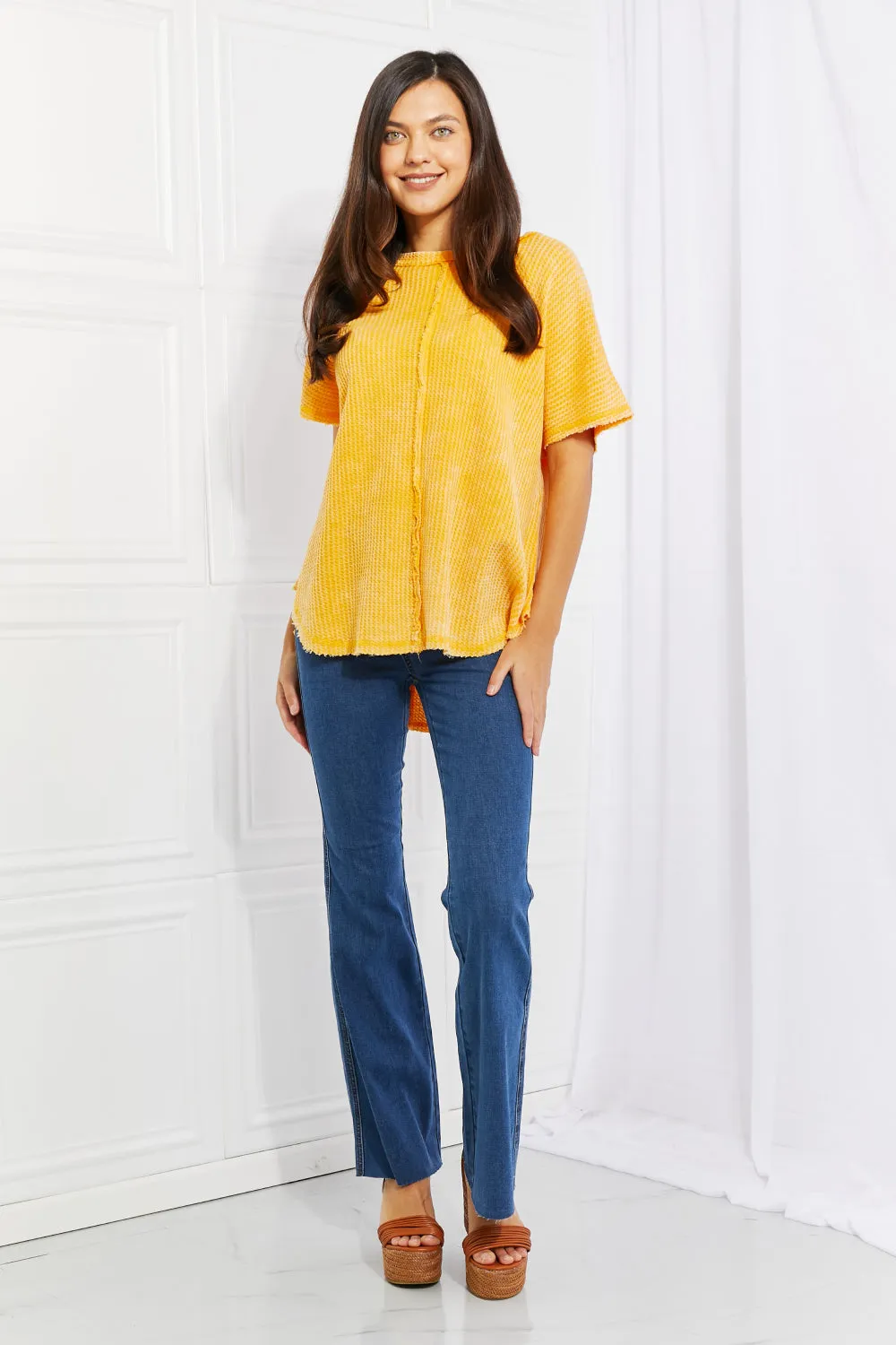 Zenana Start Small Washed Waffle Knit Top in Yellow Gold