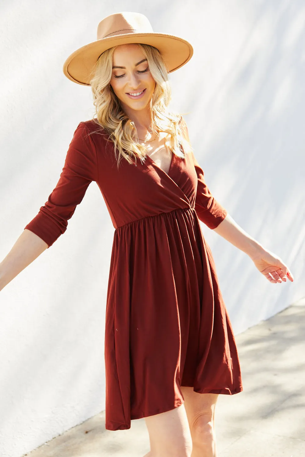 Zenana Three-Quarter Sleeve Surplice Dress with Pockets