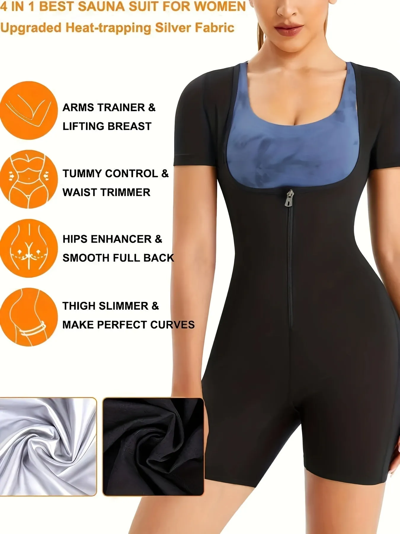 Zipper Sauna Sweat Bodysuit Tummy Control Fitness Jumpsuit Womens Activewear